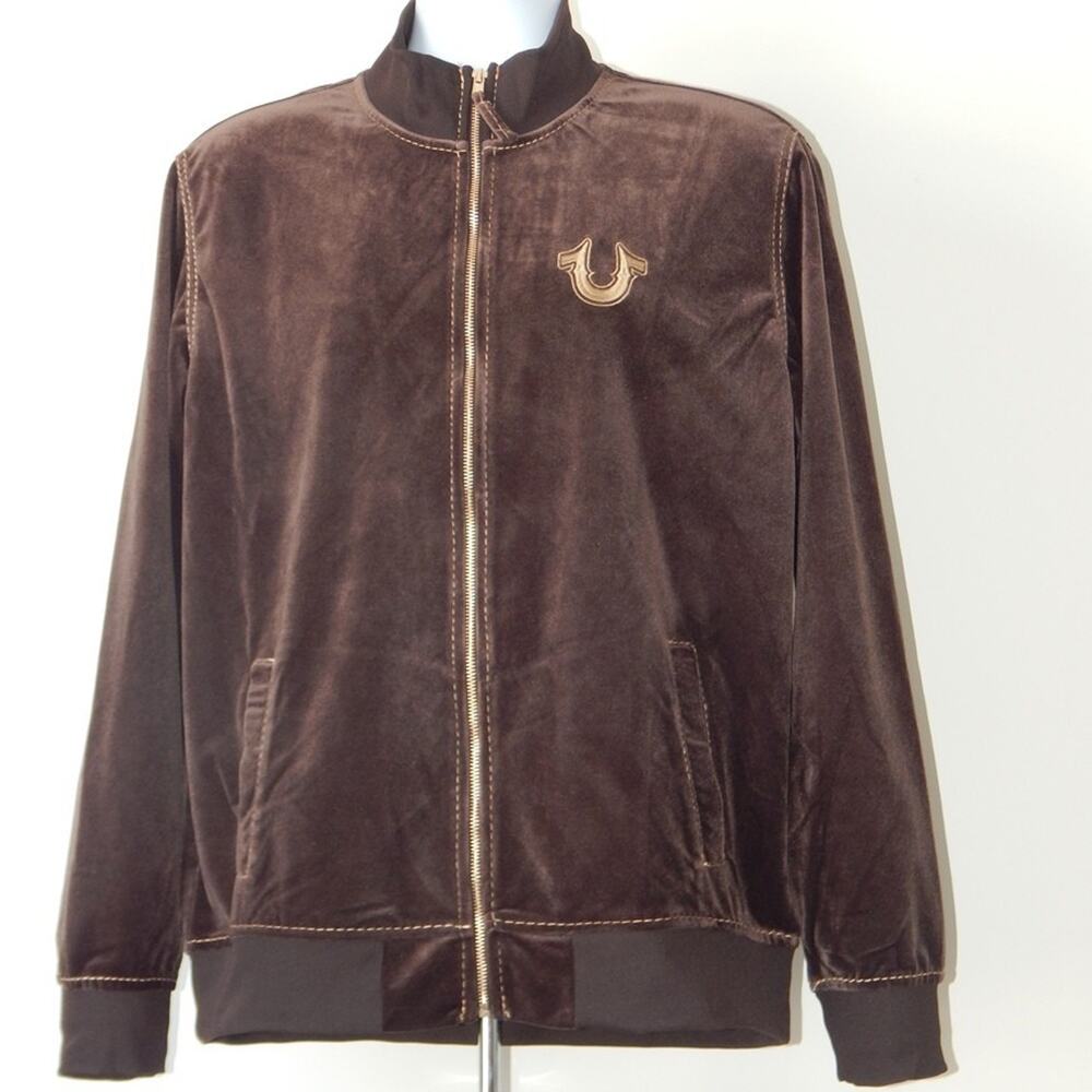 NWT True Religion Velvet Embellished Track Jacket Zip Up Brown Gold Men XL